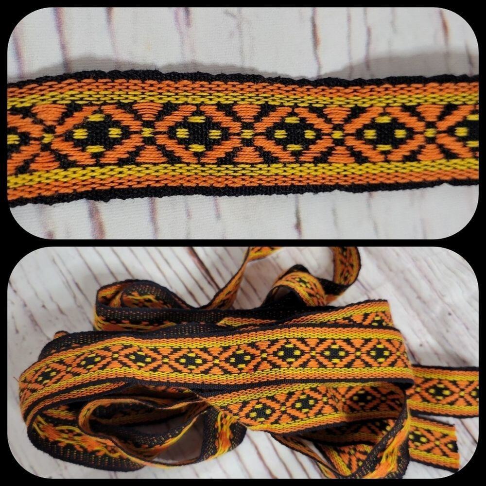 VTG Black, Orange, Yellow Geometric Flower Embroidery Trim, 120" X 1"